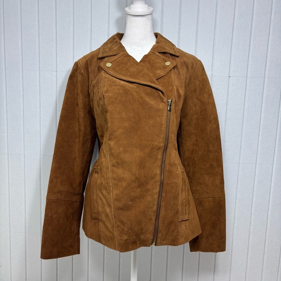 Isaac Mizrahi Leather Suede Motorcycle Moto Jacket Brown Gold Size 12 - Picture 2 of 13